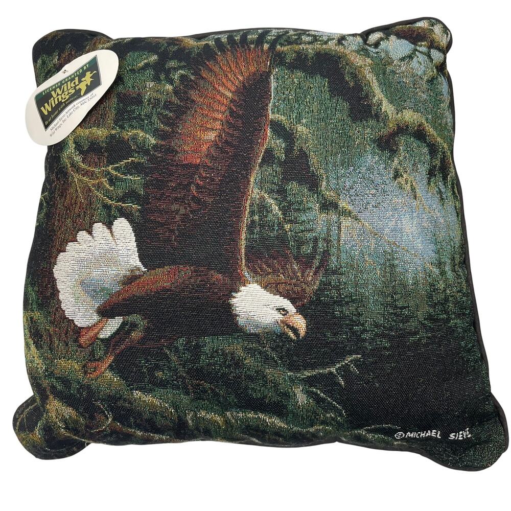 Wild Wings Bald Eagle Soaring Forest Tapestry Pillow 18 x 18 Michael Sieve NWT